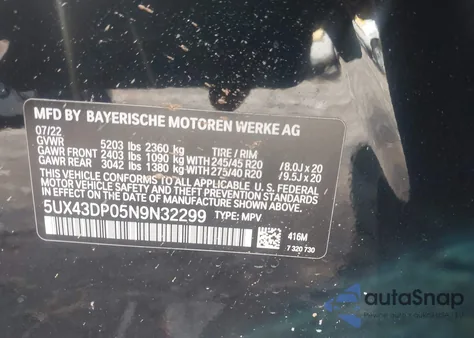 2022 BMW X3 Sdrive30I z USA, uszkodzony, nr VIN 5UX43DP05N9N32299